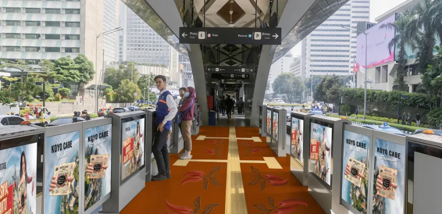 Campaign panels lining a station corridor