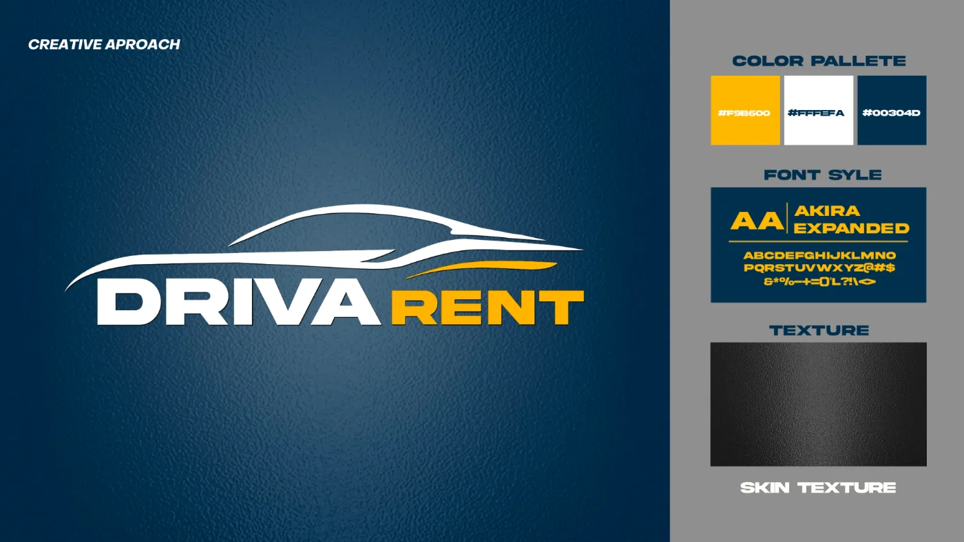 Driva Rent identity board: logo, colour palette, typeface and texture