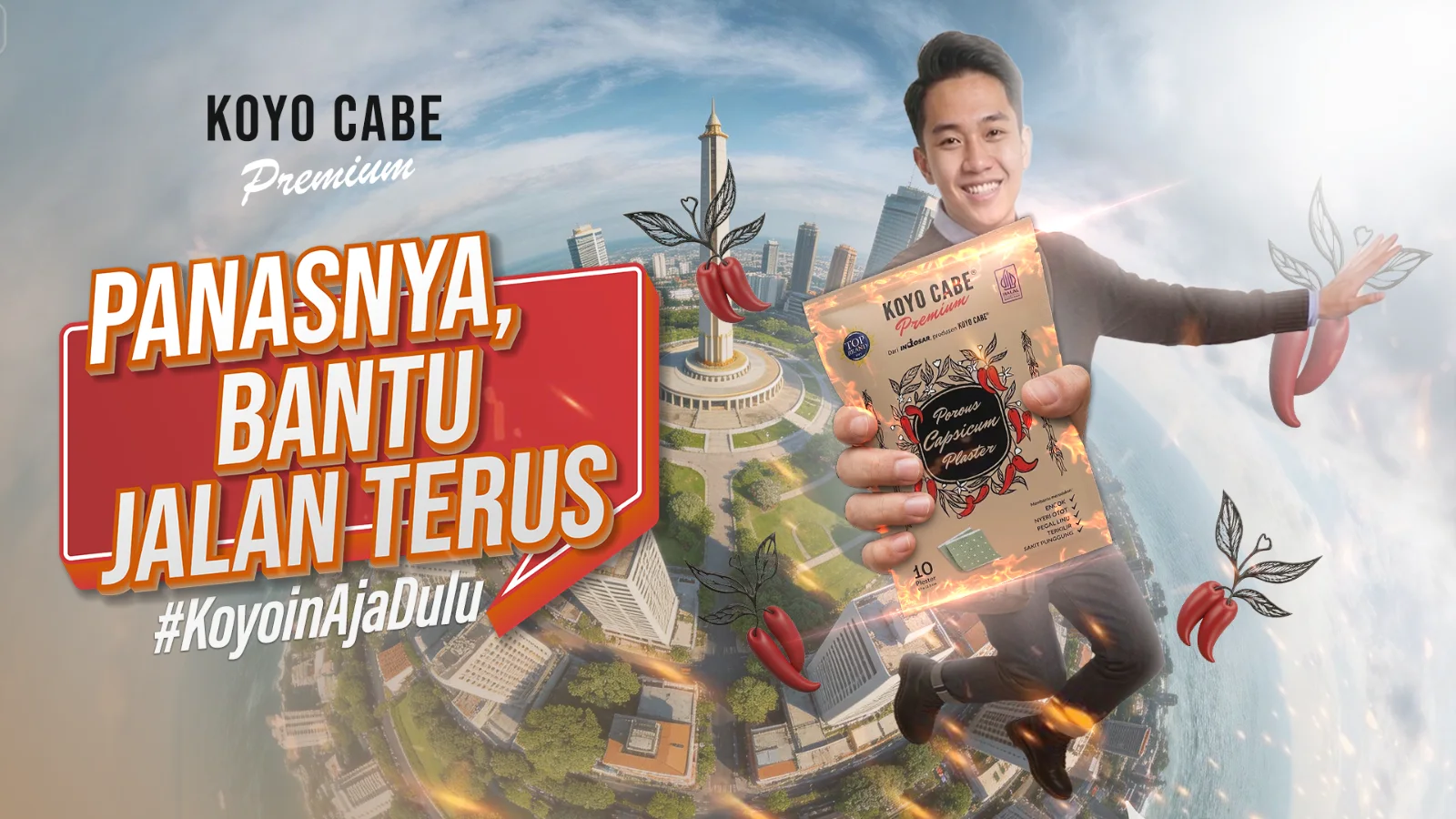 Koyo Cabe key visual: a man holding the product above an aerial view of Jakarta