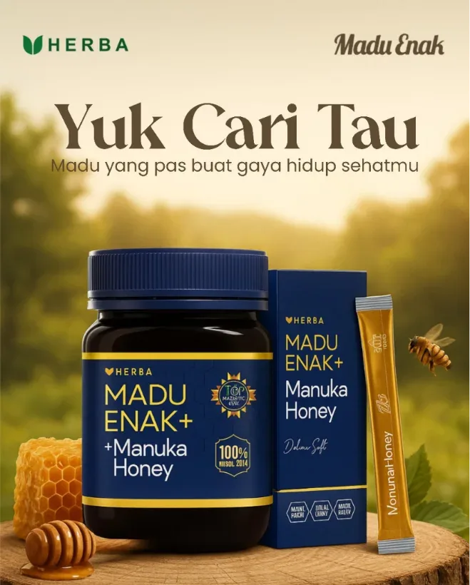 Madu Enak key visual with the honey jar and sachets in a golden field