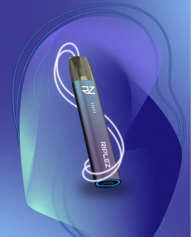 Riplez device on a violet gradient with a light ribbon