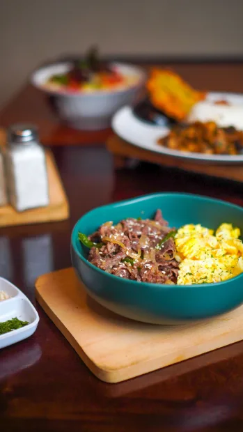 Breakfast spread with eggs and sides