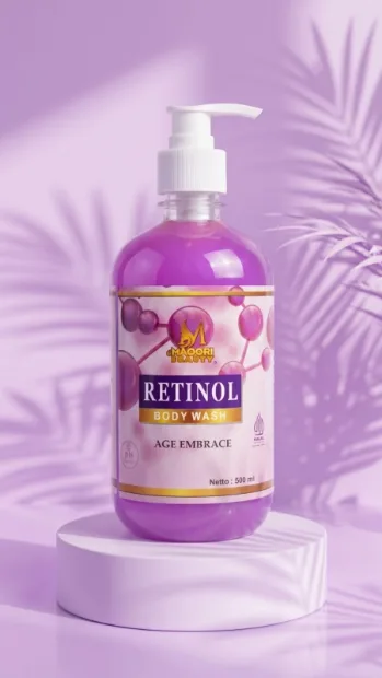 Retinol body wash on a lilac podium
