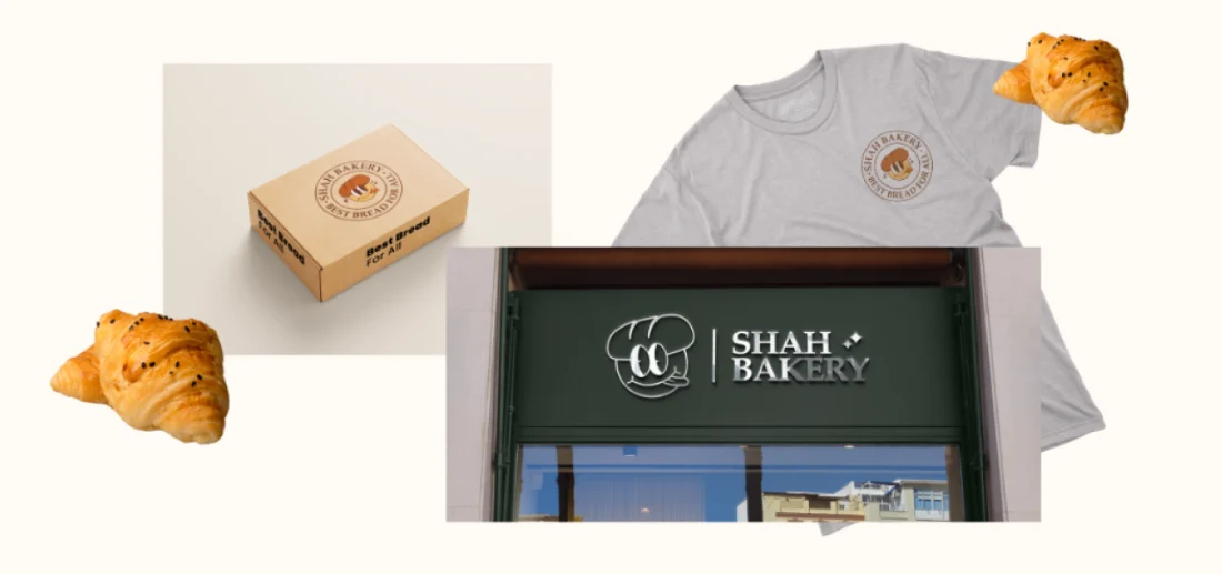 Shah Bakery packaging, shirt and shopfront signage