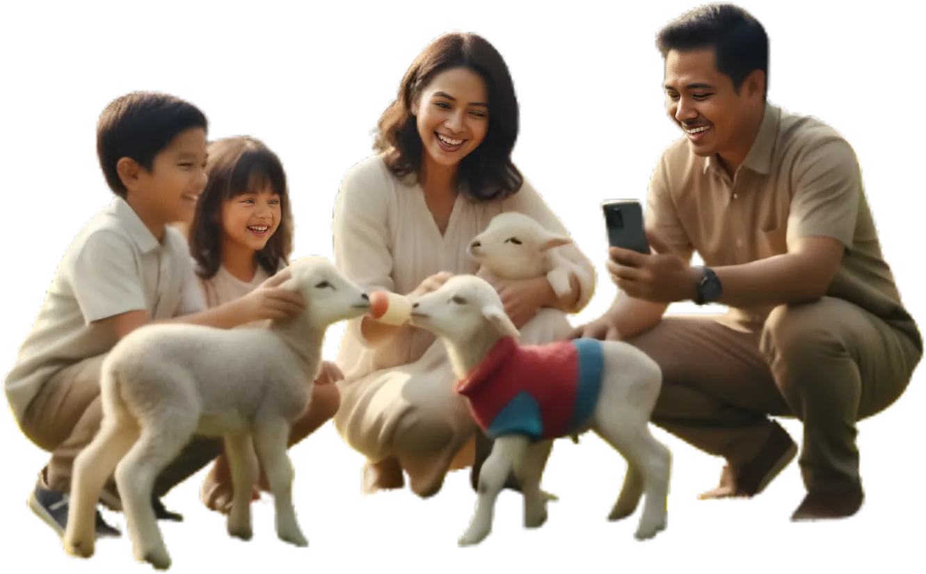 A family crouching in the field, bottle-feeding two Merino lambs
