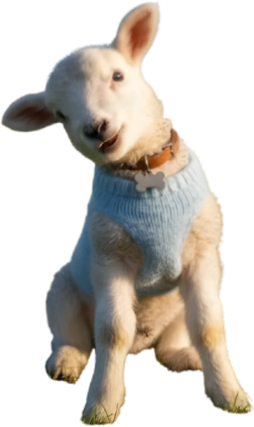 A Merino lamb in a knitted blue sweater, sitting up to camera